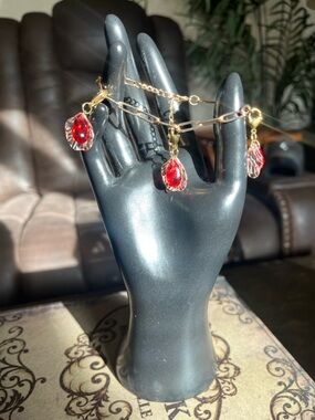 Gold Chain Bracelet with Red Crystal Charms